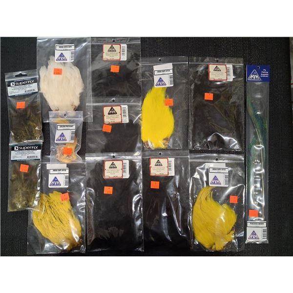 ASSORTED SOFT HADDLE HEN, INDIA CAPE, GOLDEN PHEASANT HEAD FEATHERS (13 PIECE)