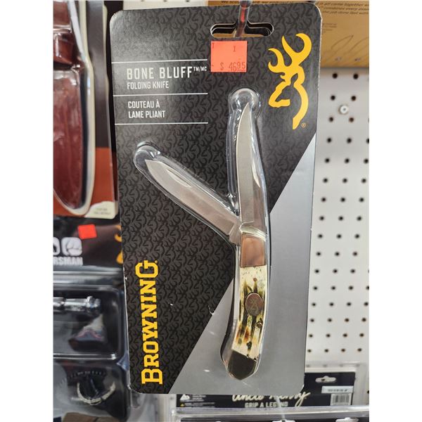 3 BROWNING BONE BLUFF FOLDING KNIFE + REMINTON COLLECTORS KNIFE SET IN TIN