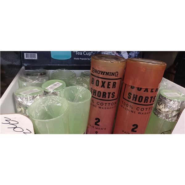 16 PLASTIC GLASS +2 BROWNING BOXER SHORTS SIZE SML