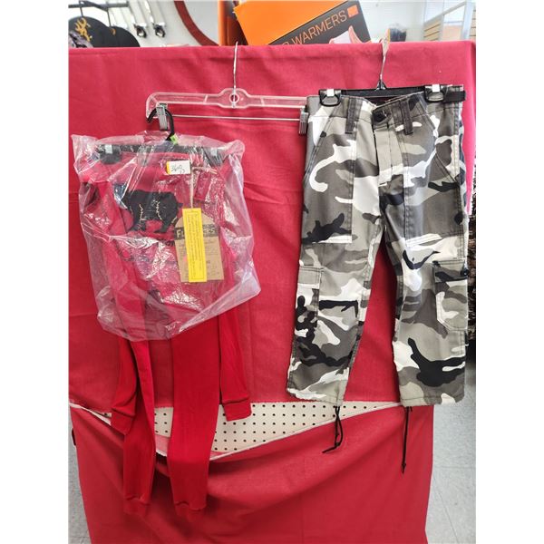 KID BID MOSSBERG PANTS, SNOW CAMO AND RED LONG JOHNS