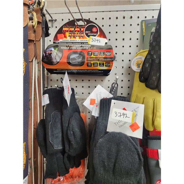 2 HEAT SONE LIGHT TOUQUE, 7 WINTER GLOVES, + 2 MOSSY OAK HATS