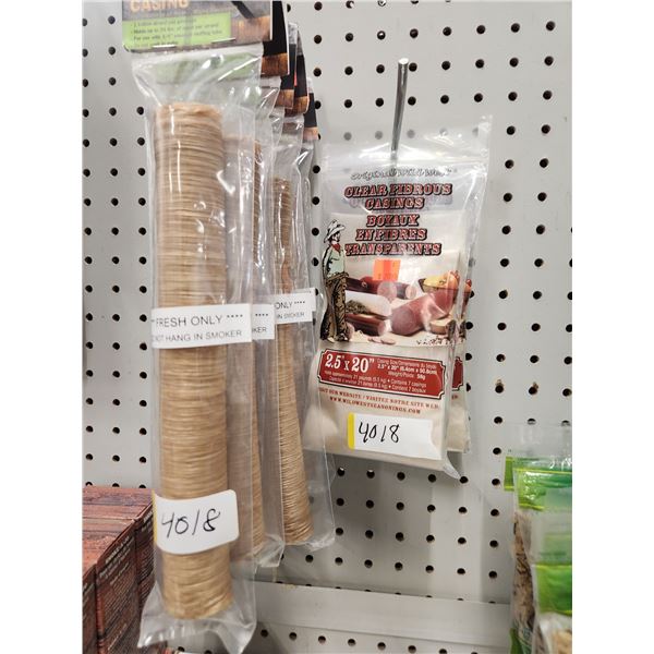 9 PACKAGES OF SAUSAGE CASINGS, 2X- 2.5" BY 20', + 9X 3/4"