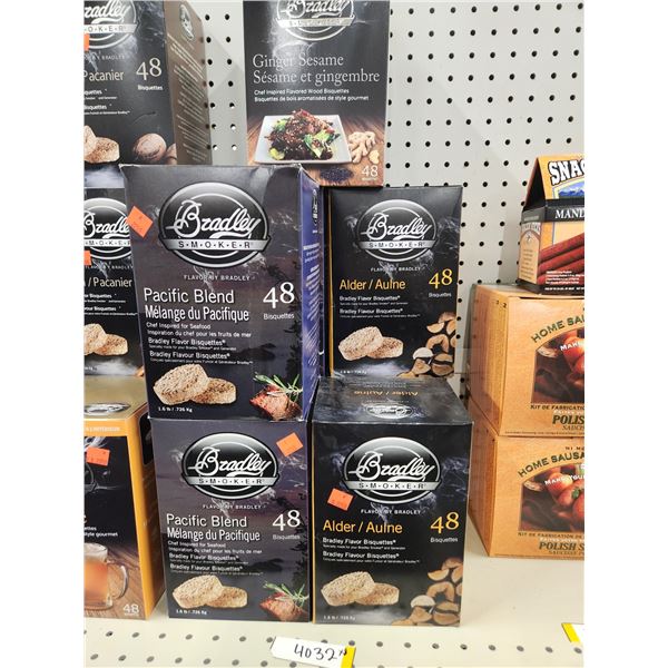 BRADLEY SMOKER WOOD  BISQUETTES 8 X 48 PCS, 3 CASES OF ALDER, 4 CASES OF PACIFIC BLEND, CASE GINGER