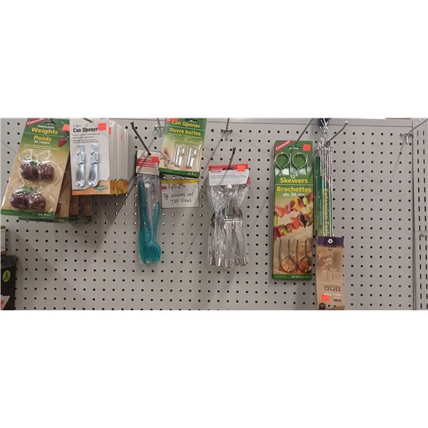 ALL ITEMS OF 9 HOOKS AT TOP OF ROW ASSORTED CAMPING UTENSILS