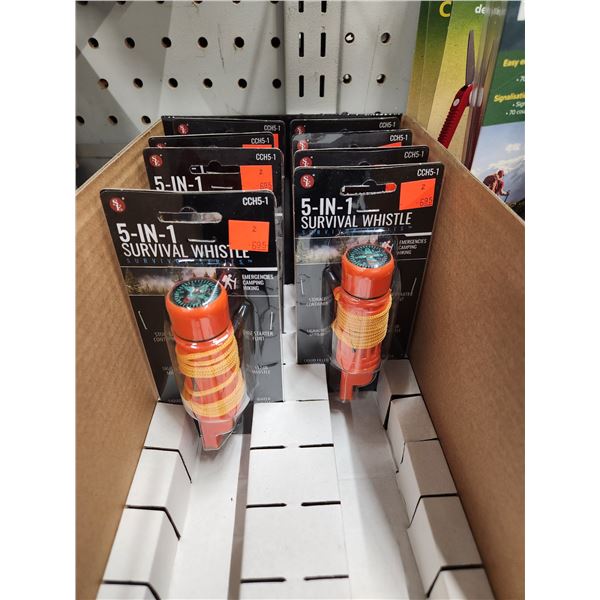 8-5 IN 1 SURVIVAL WHISTLES, 2 AIR HORNS & 2 SASFETY SCISSORS