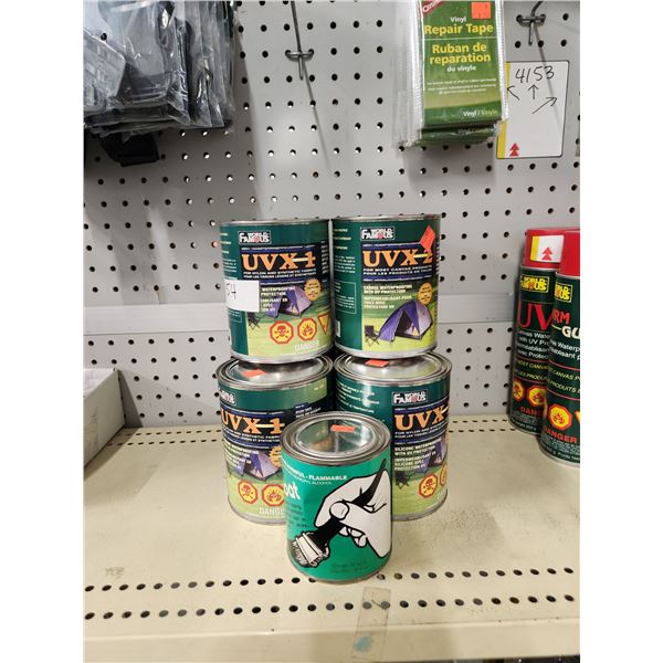 6 1 LTR. CANS OF UVX 1 SILICONE WATER PROOFING NYLON & SYN. FABRIC, 1 CAN OF + K-KOTE RECOAT