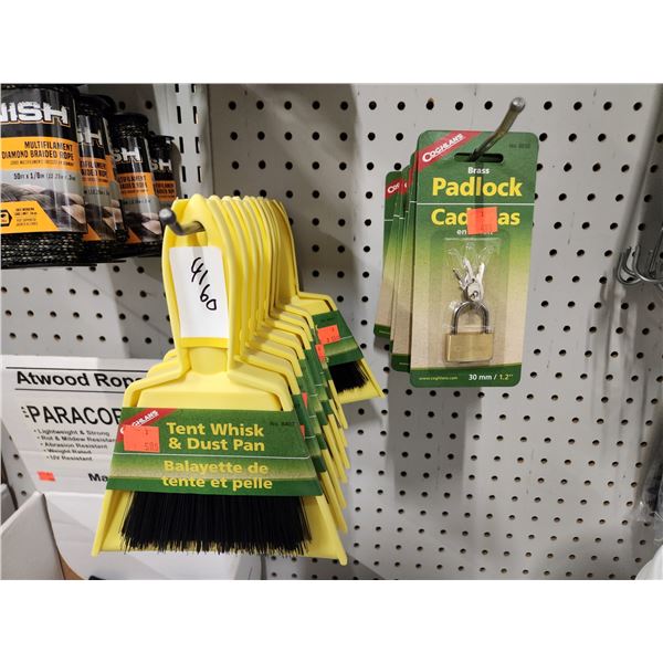 9 CAMP TENT WHISK + DUST PANS 11 PAD LOCKS WITH KEYS