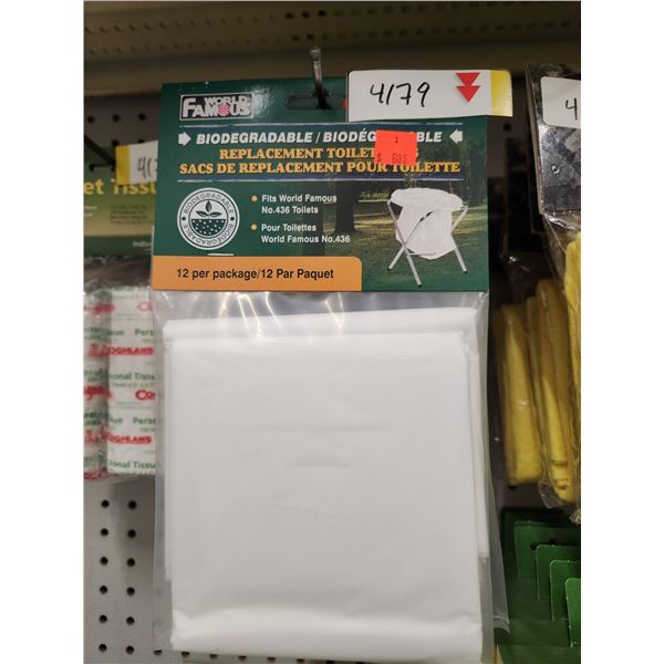 2 5 GAL. TOILET SEATS, + 8-12 PACKS OF BUCKET LINERS, TOILET PAPE + 2 URINAL BAGS