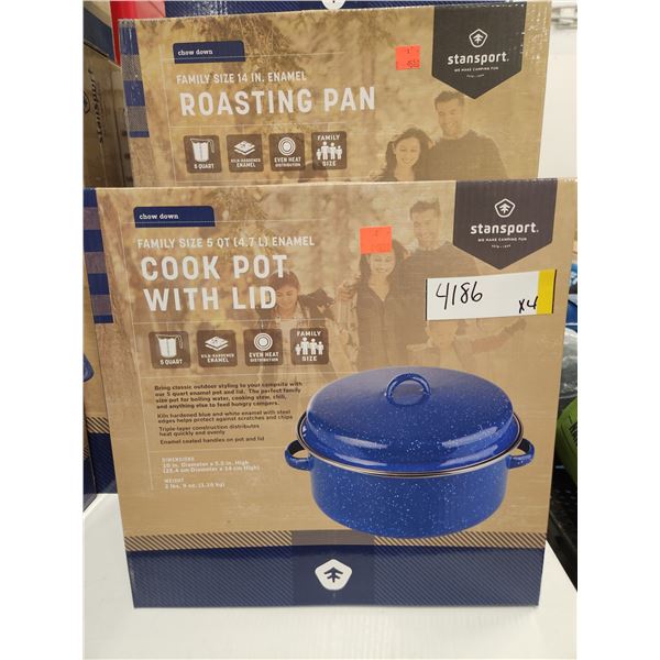2 ENAMEL WARE 5 QT. COOK POT WITH LID + 2-14" ROASTING PANS