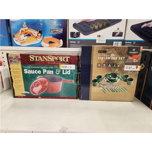 3 QUART RED CAST IRON SAUCE PAN/LID, + DELUXE 24 PC GREEN ENAMEL TABLEWARE SET