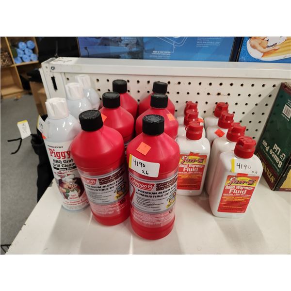 16 BOTTLES OF HAND WARMER FLUID, , COLEMAN PREMIUM BLEND FUEL AND BBQ GRILL CLEANER