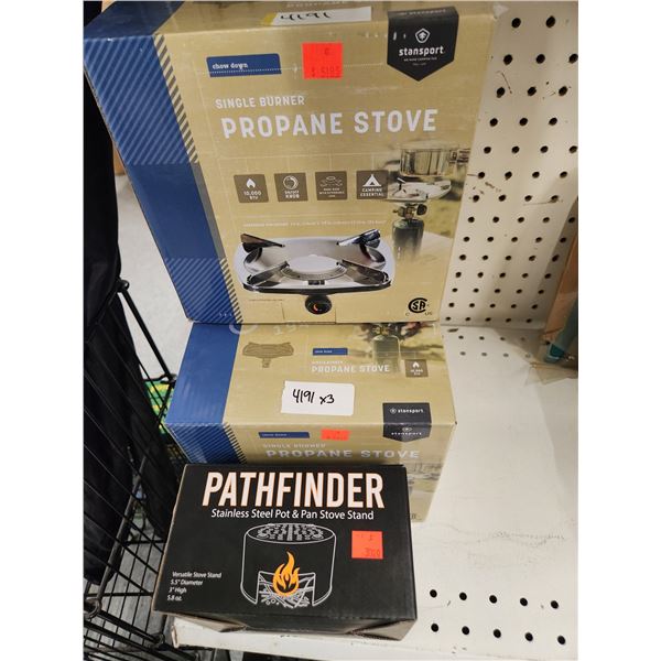 3 SINGLE BURNER PROPANE STOVES & SS POT & STOVE