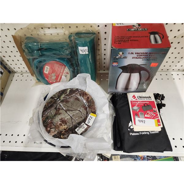 PLATES, TOATERS, COFFE POT & CAMPERS TABLEWARE