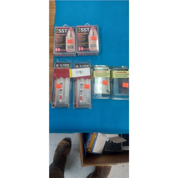 ASSORTED BLACK POWER 2X- SPEED LOADER, HORNADY 2X- EAZY LOADER, 2X- SST 45 CAL. 200 GRAIN BULLET