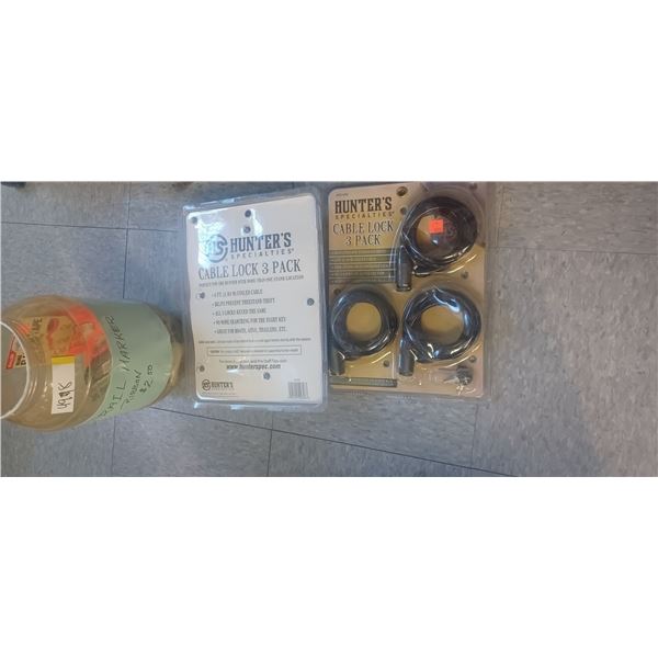 2 - 3 PIECE CABLE LOCK AND BUCKET OF ASSORTED FLAGGING TAPE