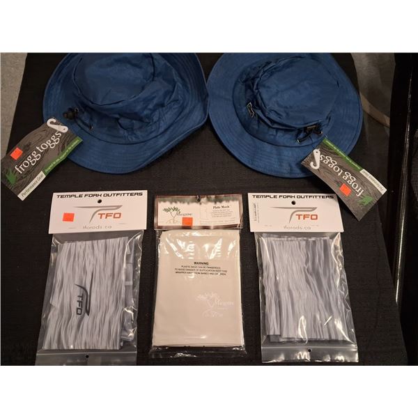 TEMPLE FORK NECK GAITER X 2, MANGROVE FLATS MASK, FROGG TOGGS BUCKET HATS - 5 ITEMS