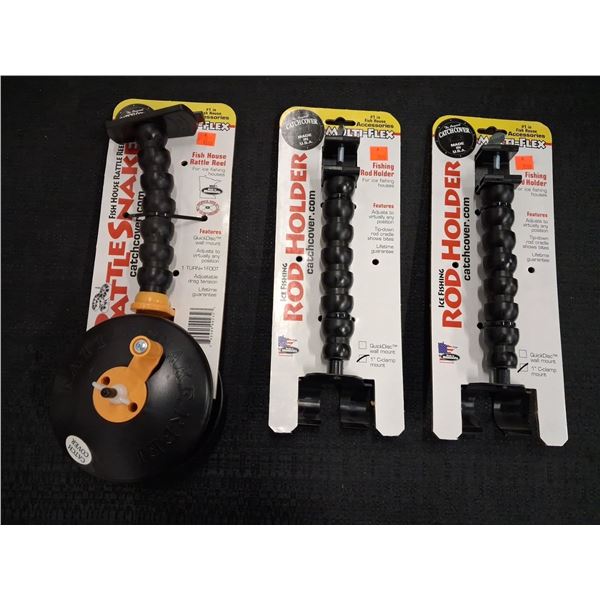 CATCH COVER ROD HOLDER X 2, FISH HOUSE RATTLE REEL X 1 - 3 ITEMS