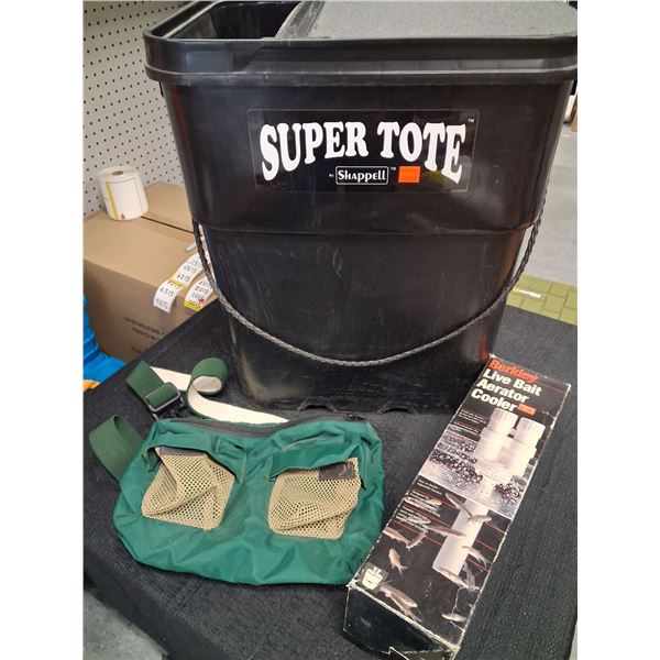 SHAPPELL SUPER TOTE, BERKLEY LIVE BAIT AERATOR COOLER, ANGLER BAG - 3 ITEMS