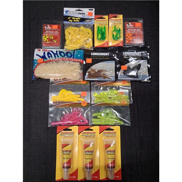 MIXED LARGE LOT LUNKHUNT BAITS, JIGTAILS, JIGHEADS, SHAD, SCALES, CRAPPIE BUSTERS - 15PC