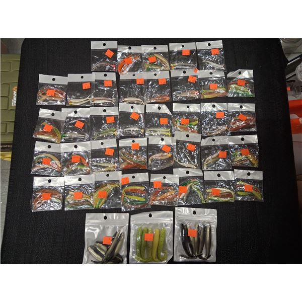 LOT OF FISHING RUBBER BODIES & VARIOUS JIGS W/ BODIES - ASSORTED COLORS - 39PC