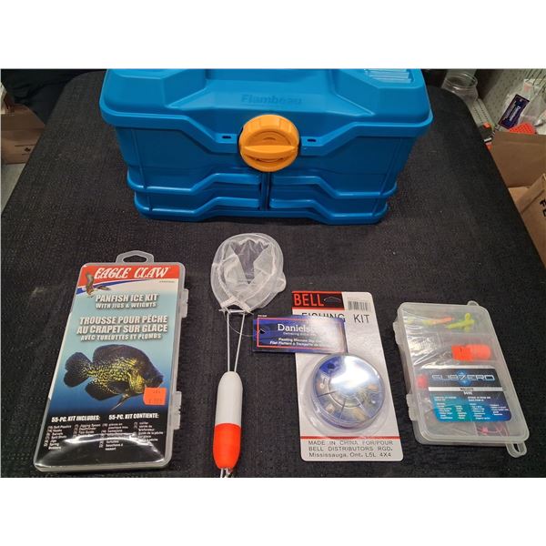 FISHING COMBO INC. TACKLE BOX, PANFISH KIT, DIP NET, HOOK, ICE HOOK KIT - 5PC