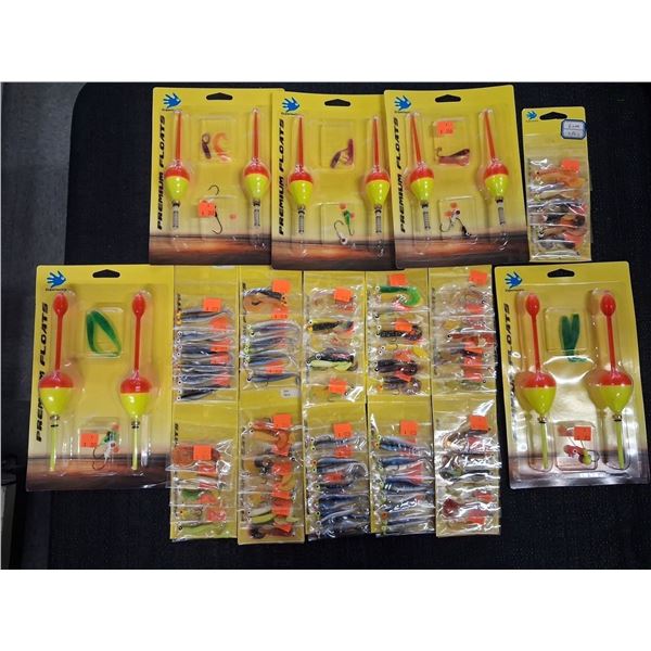 LARGE MIX OF FLOAT & LURE KITS, CARDS OF VARIOUS JIG HOOKS - 16 PC