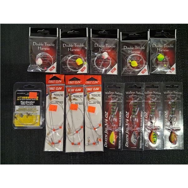 DOUBLE TROUBLE HARNESS RIGS, EAGLE CLAW RIGS, WALLEYE NATION JIG - 13 PC
