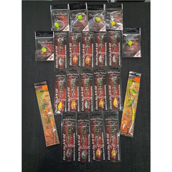 HUGE LOT OF WALLEYE NATION JIGS, DOUBLE TROUBLE HARNESS, JIG A JO RIGS - 22 PC