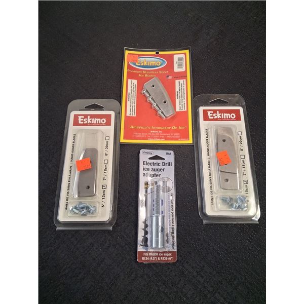 ESKIMO 6" HAND AUGER BLADES X 3, ELECTRIC DRILL ADAPTER - 4PC