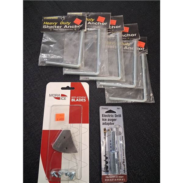 MORA ICE AUGER BLADES 4", ELECTRIC DRILL ADAPTER, SHELTER ANCHORS - 7PC