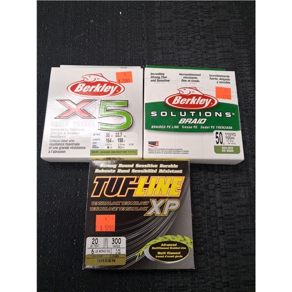 BERKLEY X5 50LB GREEN, BERKLEY SOLUTIONS BRAID 50LB GREEN, TUF-LINE 20LB - 3PC