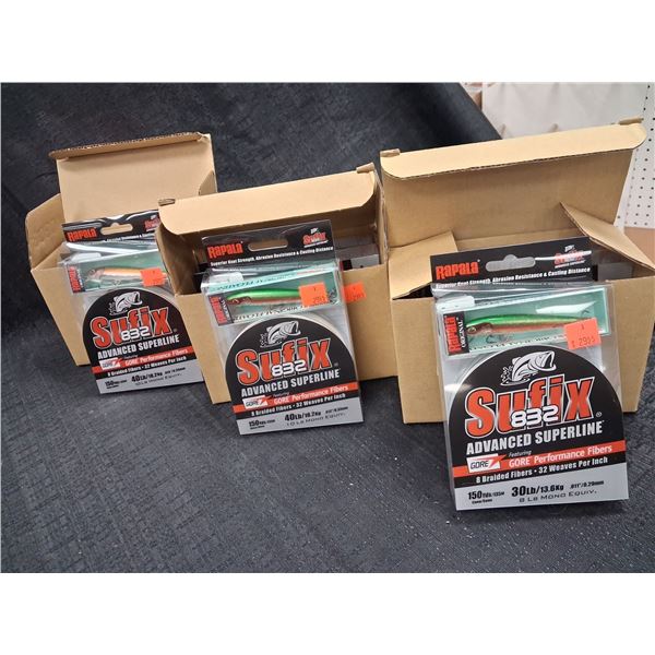 LARGE LOT OF RAPALA HOOK & SUFIX 832 LINE 6-40LB &3-3.30LB, 150YD, 9PC
