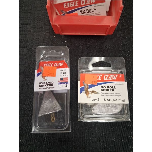 LOT OF EAGLE CLAW NO ROLL SINKERS, PYRAMID SINKERS W RED TRAY