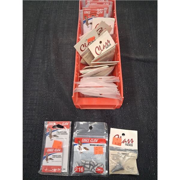 LOT OF WORM WEIGHTS, SINKERS, PLUMMETS, TWIST ON LINE WEIGHT W RED TRAY