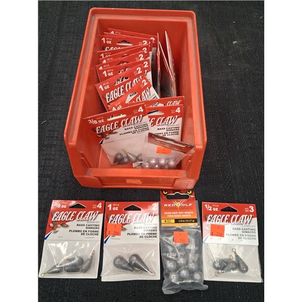 LOT OF CASTING SINKERS, DROP WEIGHTS, VARIOUS WEIGHTS COMES W RED TRAY
