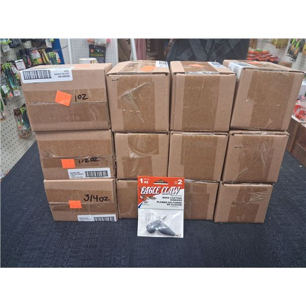 BASS CAST WEIGHTS 1/2 OZ, 1OZ, 3/4OZ - 4 BOXES OF EACH WEIGHT - 12 BOXES TOTAL