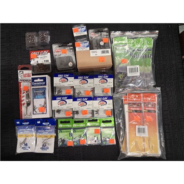 EAGLE CLAW TREBLE HOOKS, SNELLED HOOKS, SWIVELS, HOOKS, LEADERS - 27 ITEMS