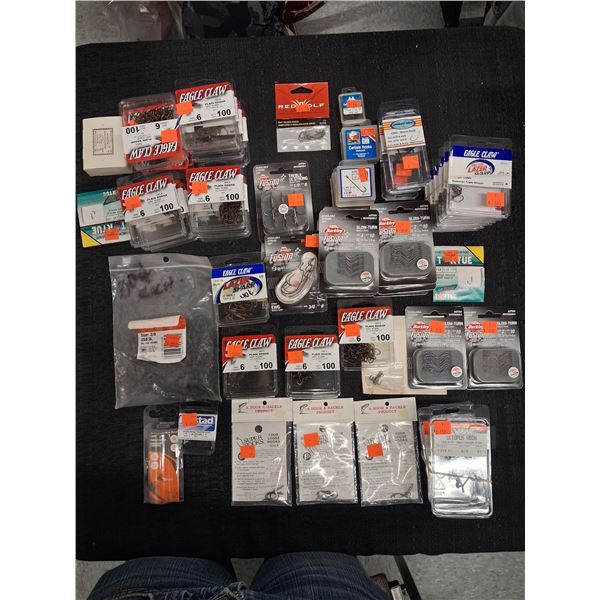 EAGLE CLAW PLAIN SHANK, SLOW TURN HOOKS, MCMAHON SWIVELS, WORM HOOKS, ETC. 55 ITEMS