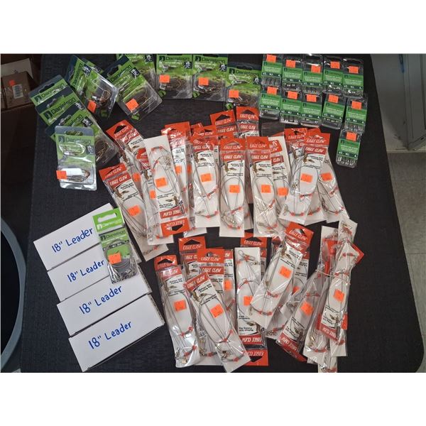 LARGE LOT OF LEADERS, WALLEYE RIGS, SUPER RATTLE TUBE JIGS, TUBE JIG HEADS