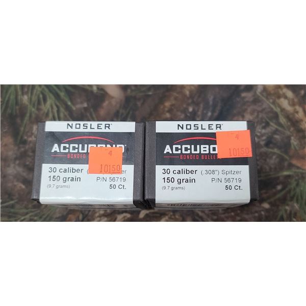 2 BOXES OF NOSLER 30CAL, 150GR SPITZER ACCUBOND. 50/BOX