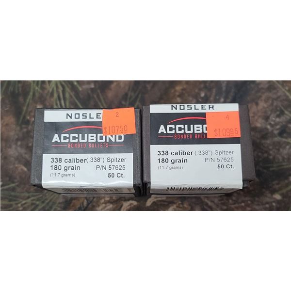 2 BOXES OF NOSLER 338CAL, 180GR SPITZER ACCUBOND. 50/BOX