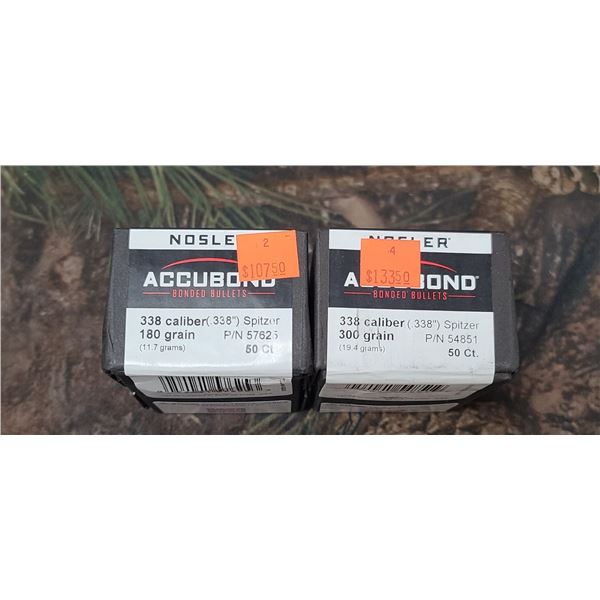 2 BOXES OF NOSLER 338CAL, 300GR SPITZER ACCUBOND. 50/BOX