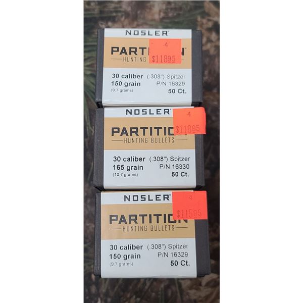 3 BOXES OF NOSLER PARTIONS TIP, 30 CAL, 308 SPITZER 150GR. 50/BOX