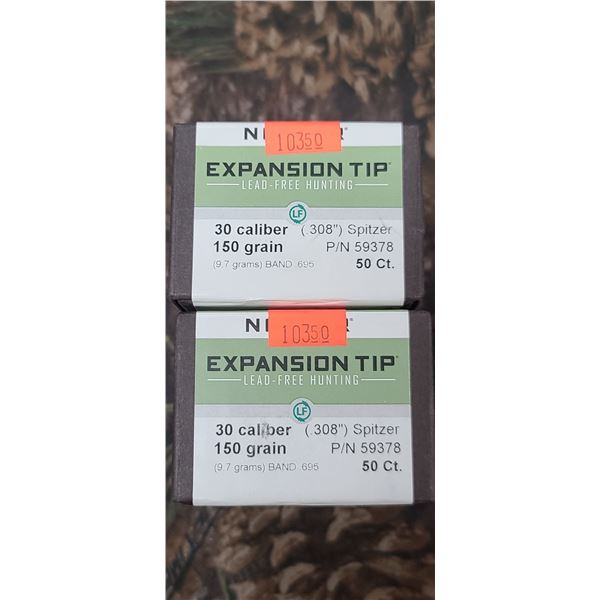 2 BOXES OF NOSLER EXPANSION TIP, 30CAL, 308 SPITZER 150GR. 50/BOX