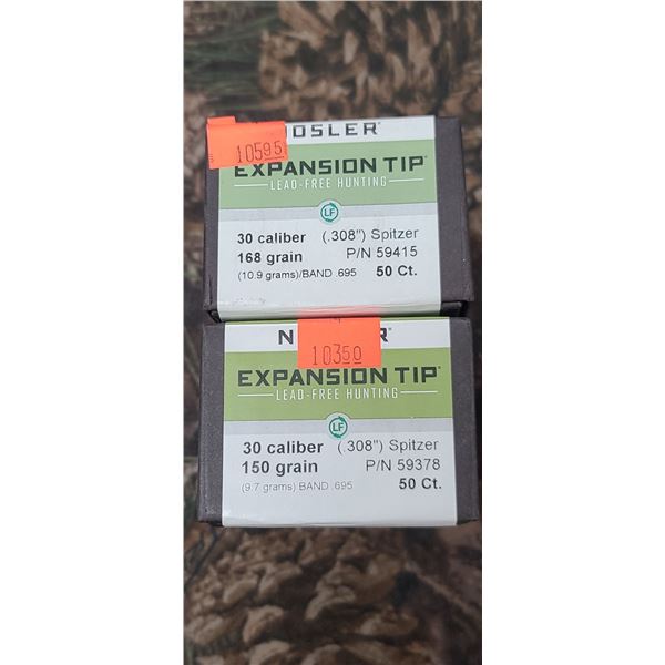 2 DIFFERENT BOXES OF NOSLER EXPANSION TIP, 30CAL, 308 SPITZER 168GR.& 150GR 50/BOX