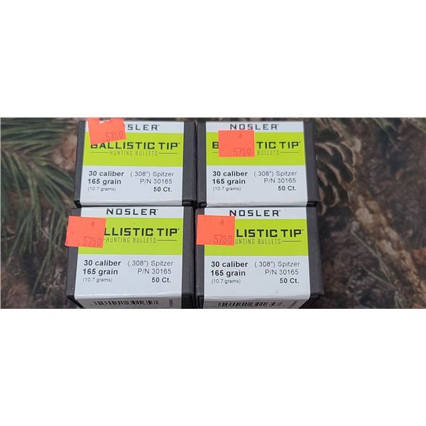4 BOXES OF NOSLER 30CAL BALLISTIC TIP 165GR SPITZER. 50/BOX