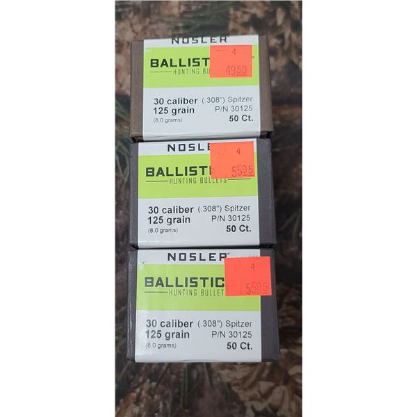 3 BOXES OF NOSLER 30CAL BALLISTIC TIP 125GR. 50/BOX