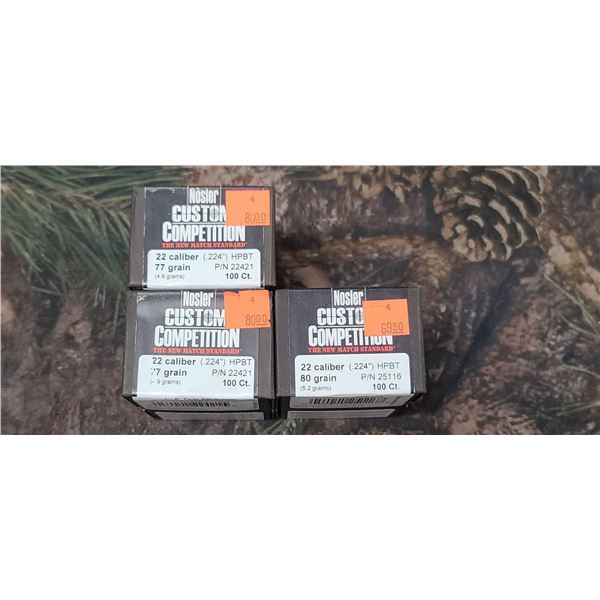 2 + 1 BOXES OF NOSLER 22CAL, 224 - 2 BOXES OF 22 CAL CUSTOM COMPETITION 77GR. MPBT AND 1 BOX OF CUST