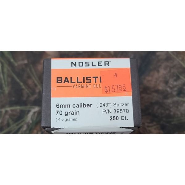 NOSLER 6MM CAL (.243) SPITZER 70GR BALLISTIC TIP VARMINT BULLETS - 250/BOX