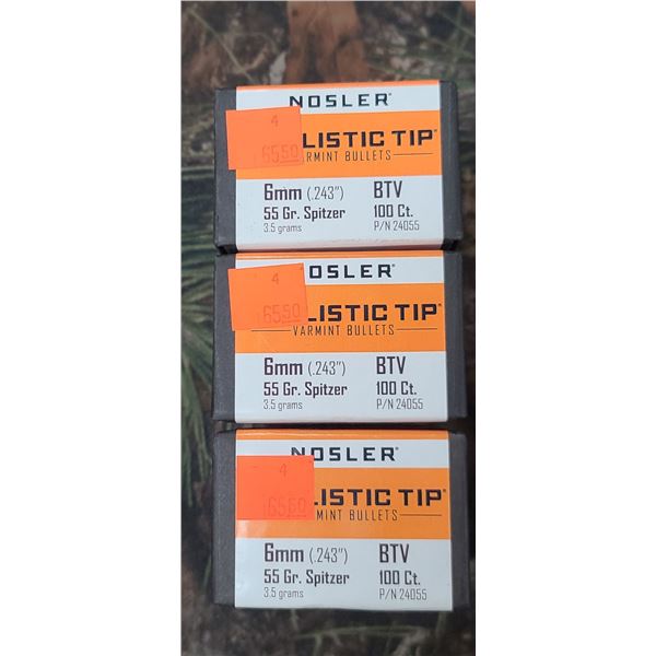 3 BOXES OF NOSLER 6MM (243) 55GR. SPITZER BTV. 100/BOX